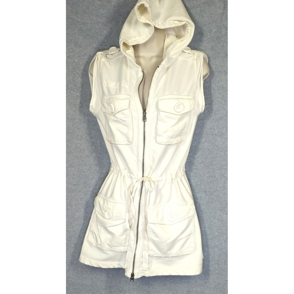 Y2K GAP Hooded Utility Vest M White Drawstring Cargo Multi Pockets Gorpcore